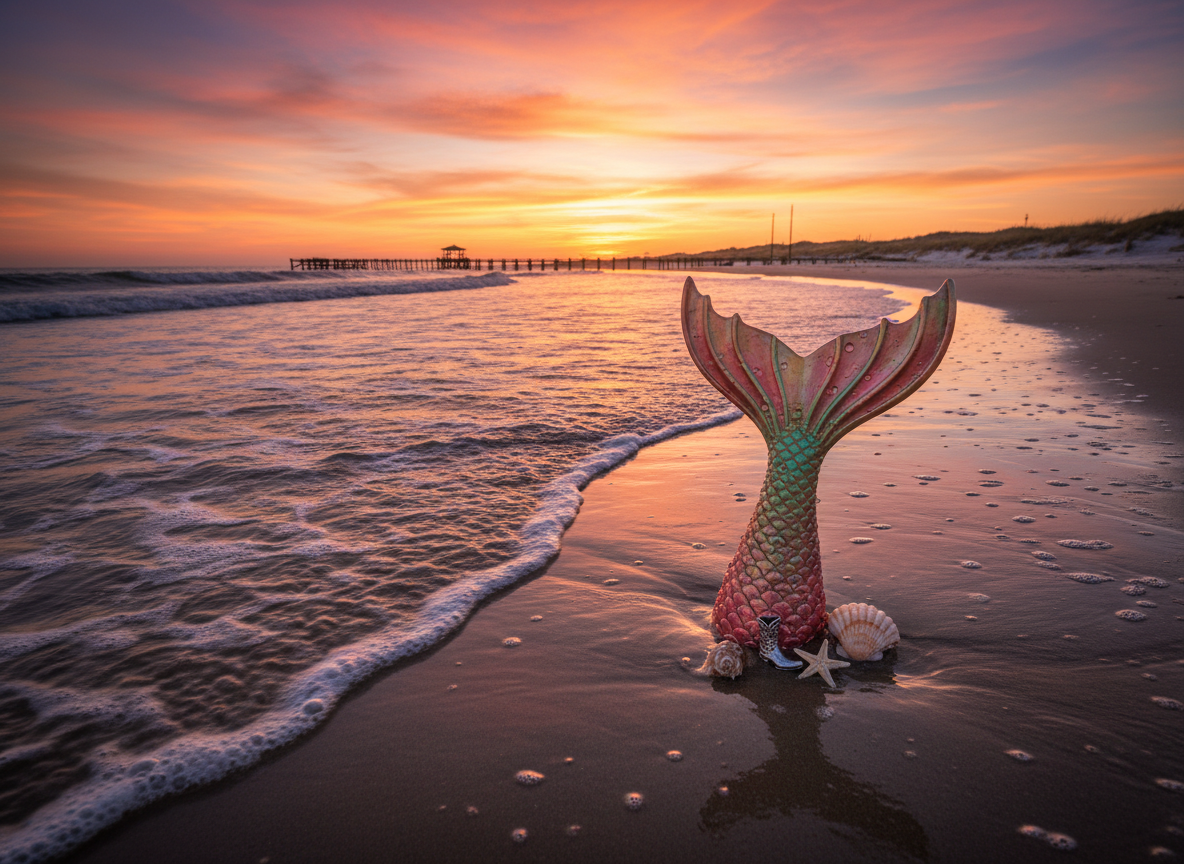 A sunset shoreline scene on the Gulf Coast of Texas, photographed from a low angle where gentle waves meet the sand. In the foreground, a single, elaborately detailed mermaid fin emerges from the water, its scales a mix of coral pink, seafoam green, and gold, dripping with tiny droplets that catch the orange and magenta sky. Nearby, a small cluster of seashells and a starfish surround a tiny, weathered cowboy boot charm half-buried in wet sand, nodding to Texas roots. The horizon shows distant silhouettes of piers and dunes. Warm golden-hour light creates long reflections on the wet shoreline, evoking a dreamy, whimsical mood of mermaids at home in Texas waters.