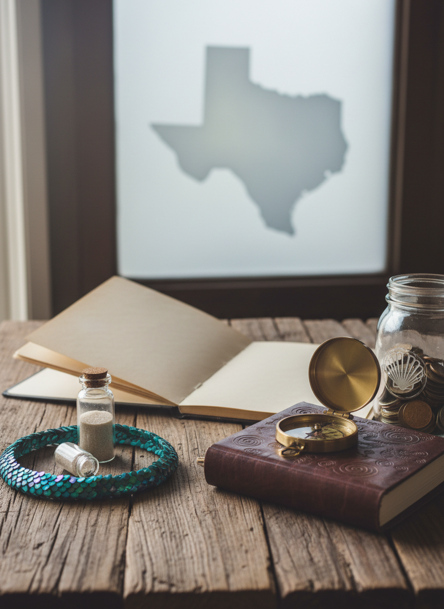 A whimsical, photographic still life set on a rustic Texas barnwood table, evoking the mission of a mermaid-focused nonprofit. In the center lies an open folder with blank pages, surrounded by symbolic objects: a shimmering turquoise mermaid scale necklace coiled beside a small glass bottle of sand, a faux leather pirate-style journal with a brass compass on top, and a mason jar partially filled with coins labeled only by a seashell icon instead of text. In the background, a blurred Texas state outline is subtly etched into a piece of frosted glass. Soft window light from the side creates gentle shadows and highlights the textures of wood, metal, and glass, suggesting organization, scholarship, and community support in a playful, ocean-loving way.