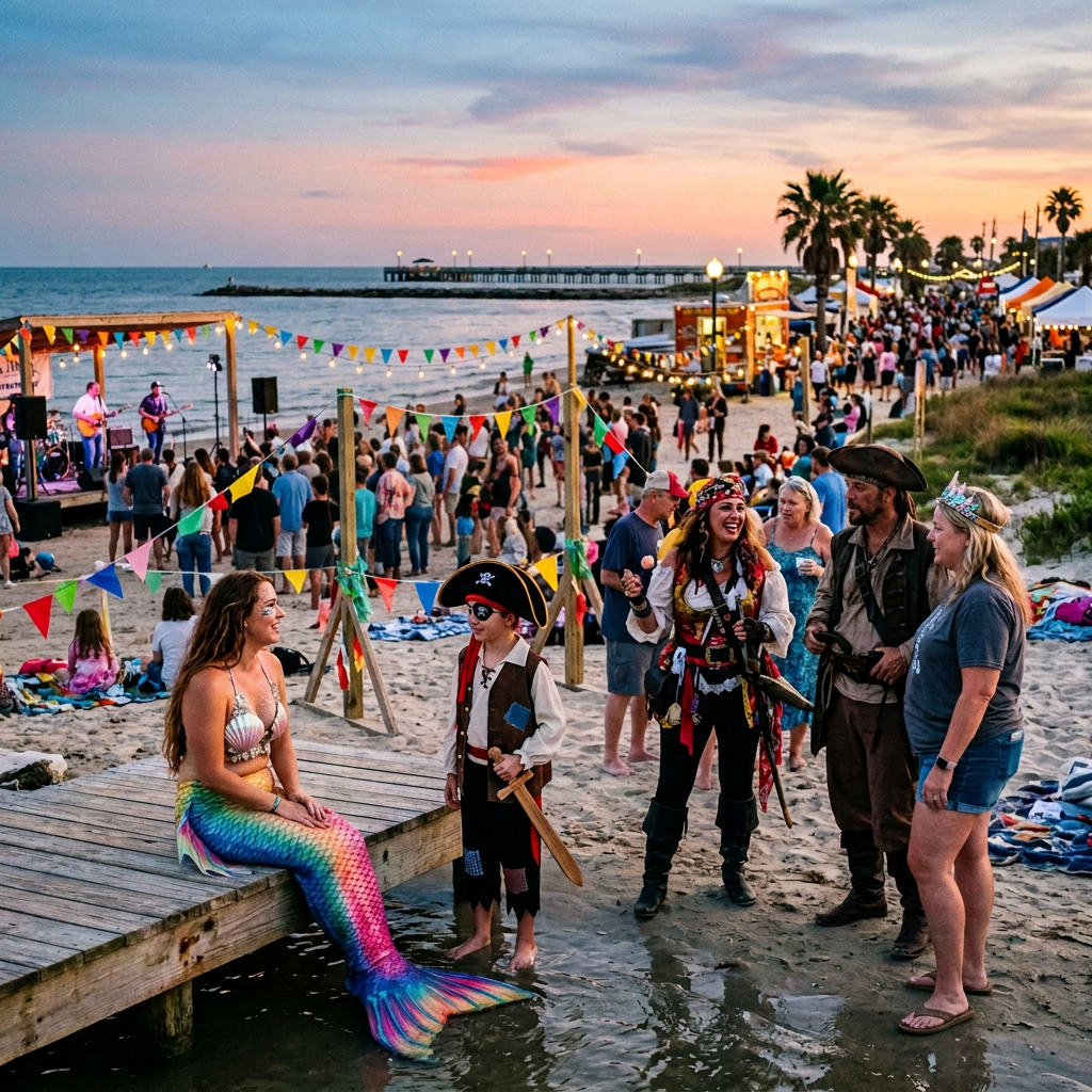 People dressed as mermaids and pirates at Galveston Coastal Festival on beach near water