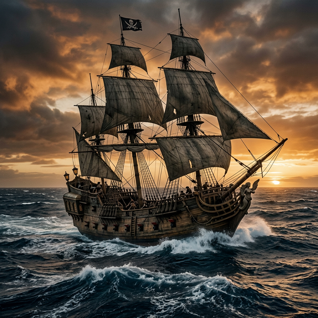 Three-masted pirate ship with skull flag sailing through rough sunset waves