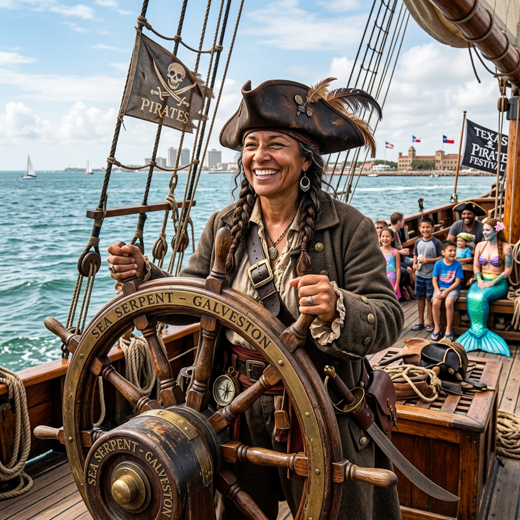 Pirate captain steering the Sea Serpent Galveston with festival guests aboard